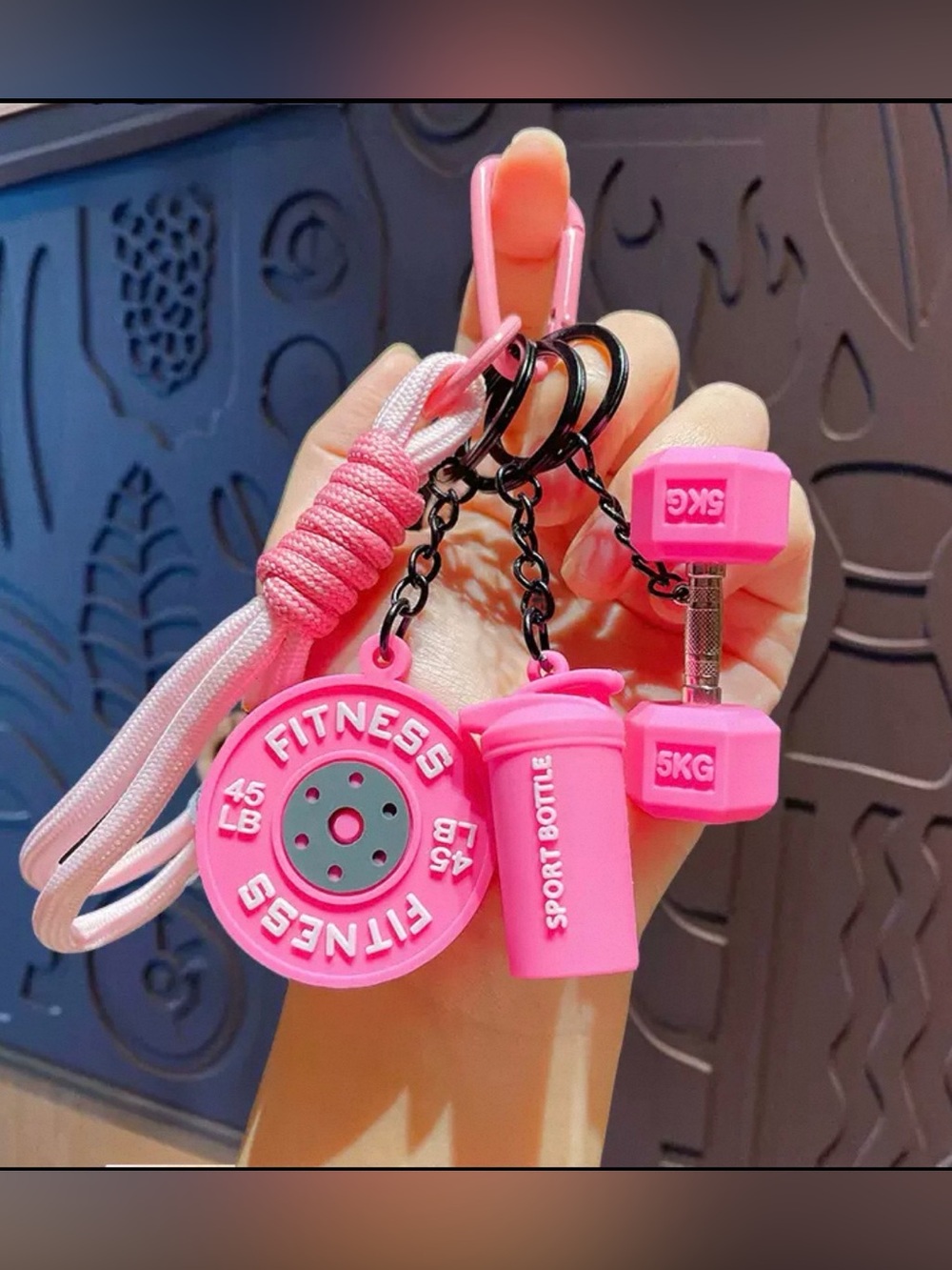 Pink Fitness Keychain Set with Dumbbell & Water Bottle Charms